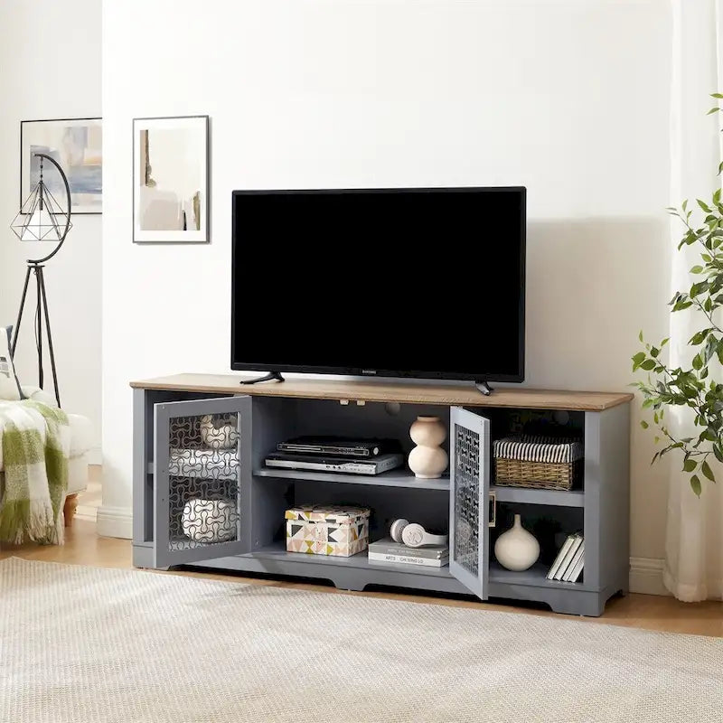Farmhouse TV Stand with Printed Glass Doors Open Shelves Cable Management