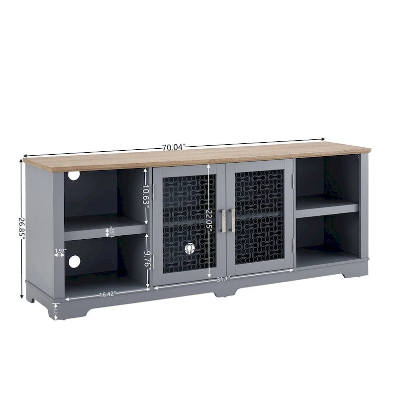 Farmhouse TV Stand with Printed Glass Doors Open Shelves Cable Management