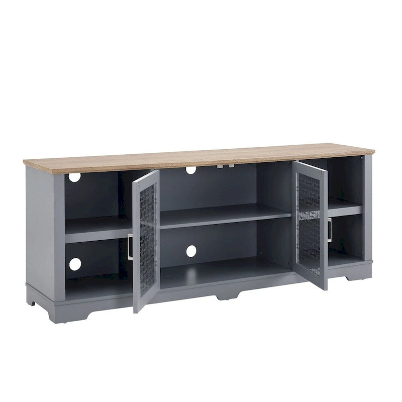 Farmhouse TV Stand with Printed Glass Doors Open Shelves Cable Management