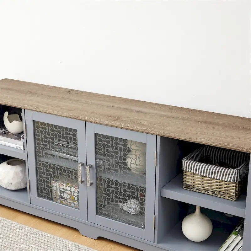 Farmhouse TV Stand with Printed Glass Doors Open Shelves Cable Management