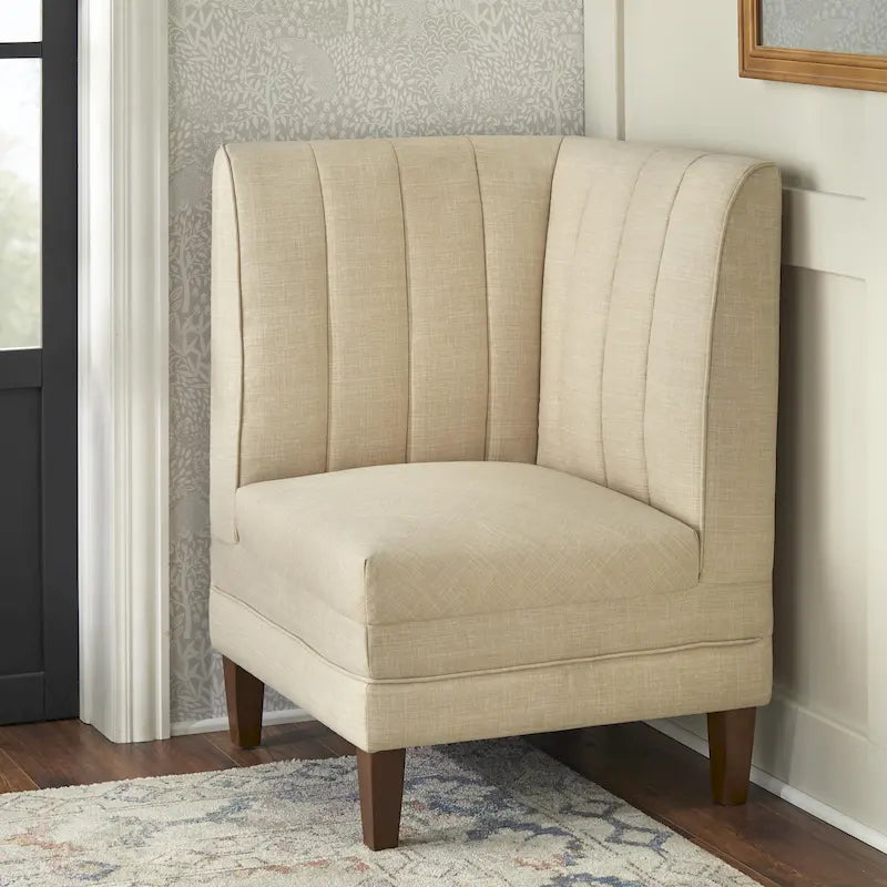 Channel Tufted Corner Chair Linen Fabric High Back Rubberwood Legs Cream