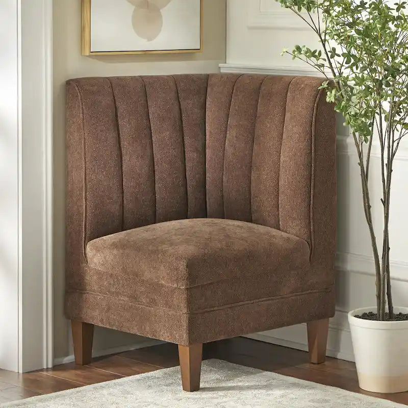 Channel Tufted Corner Chair Linen Fabric High Back Rubberwood Legs Cream