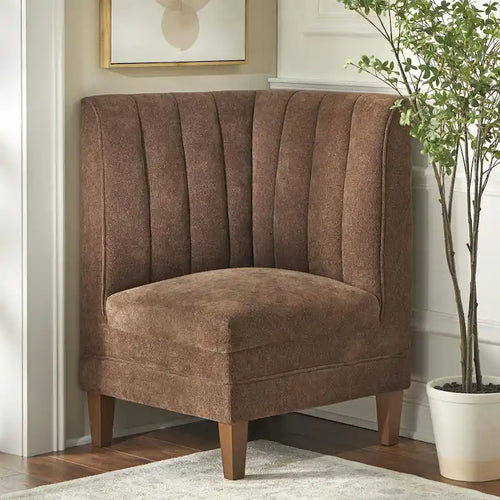Channel Tufted Corner Chair Linen Fabric High Back Rubberwood Legs Cream