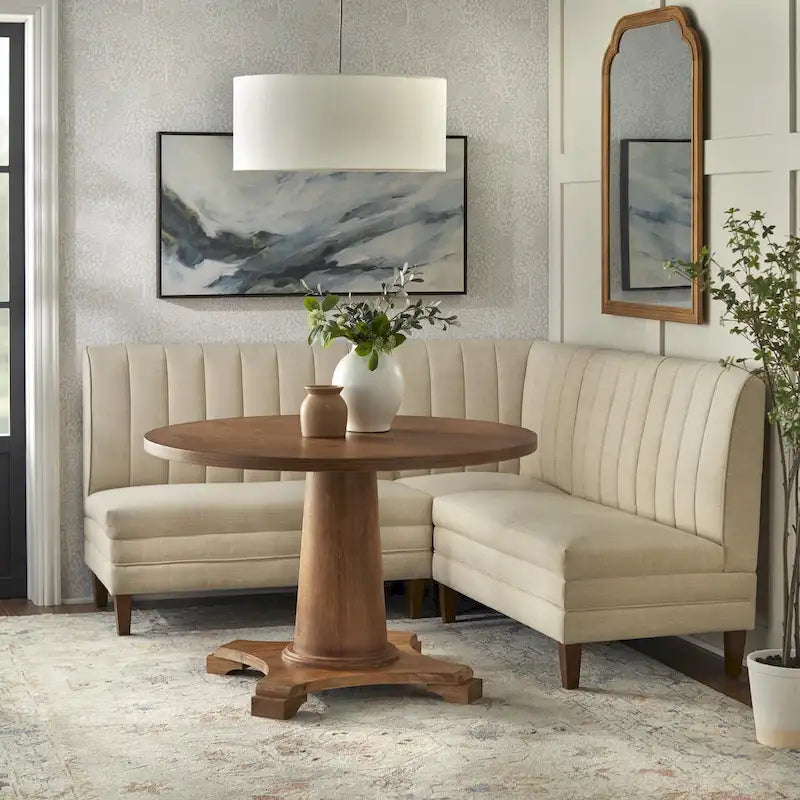 Channel Tufted Corner Chair Linen Fabric High Back Rubberwood Legs Cream