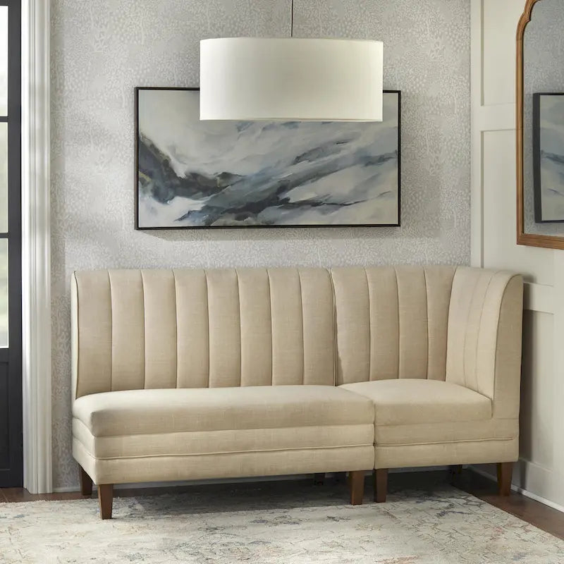 Channel Tufted Corner Chair Linen Fabric High Back Rubberwood Legs Cream