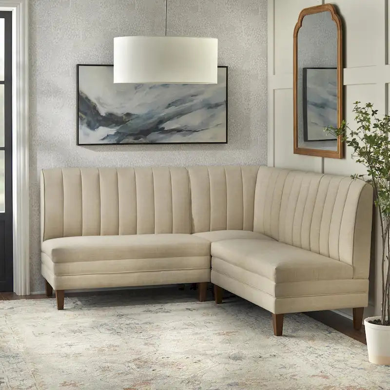 Channel Tufted Corner Chair Linen Fabric High Back Rubberwood Legs Cream