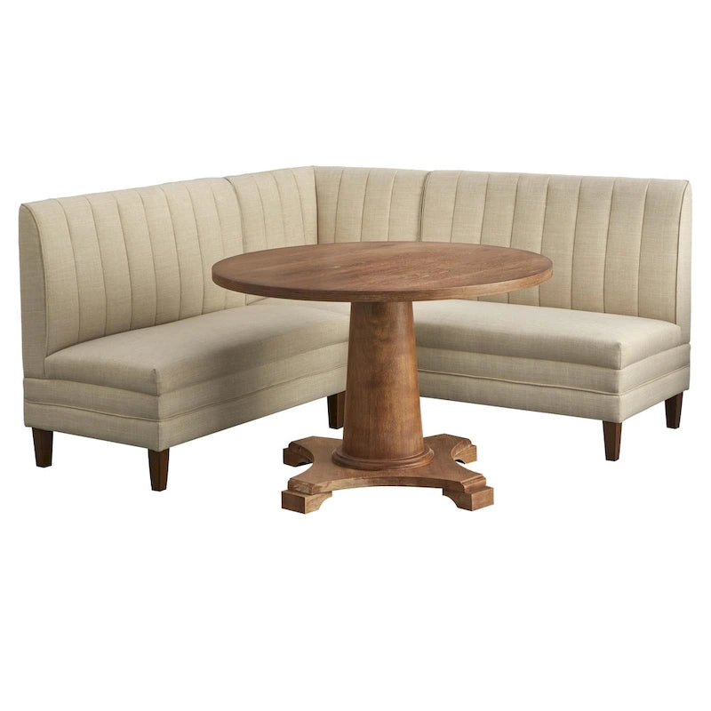 Channel Tufted Corner Chair Linen Fabric High Back Rubberwood Legs Cream
