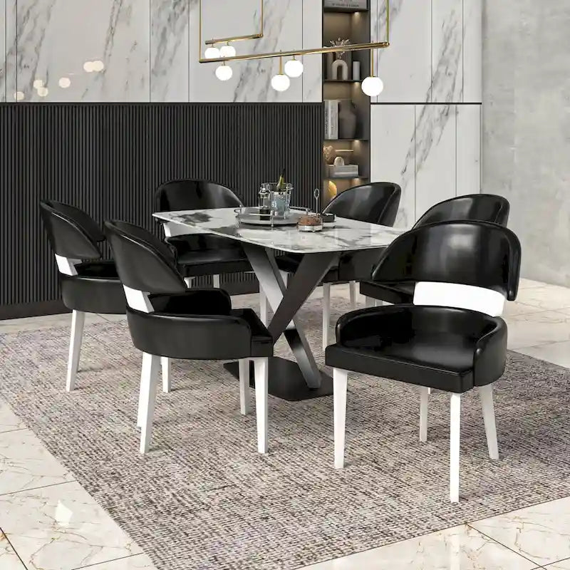 Curved Back Vegan Leather Dining Chair with Arms Rubberwood Legs