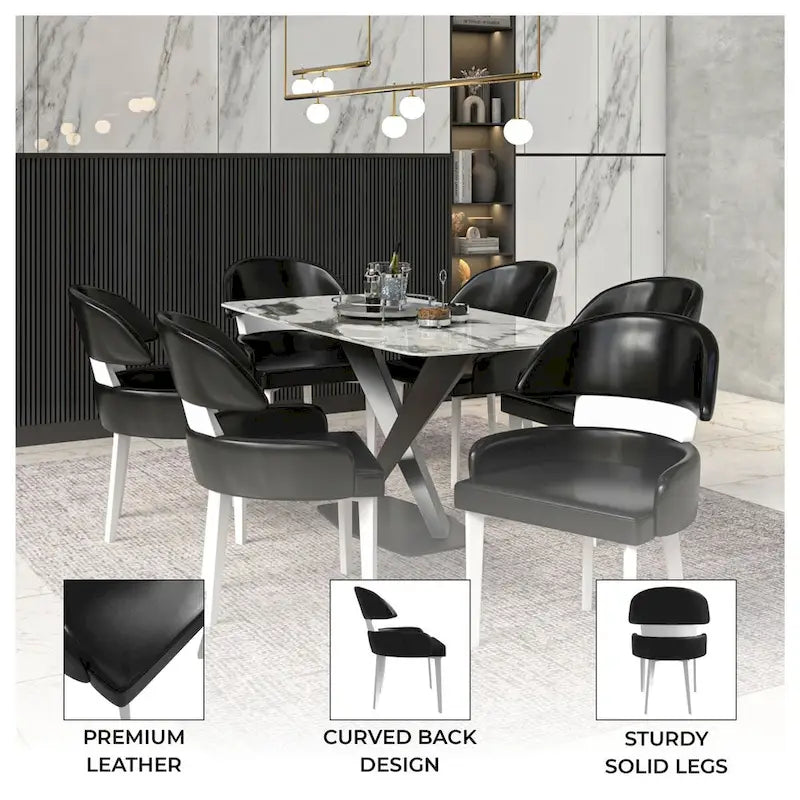 Curved Back Vegan Leather Dining Chair with Arms Rubberwood Legs