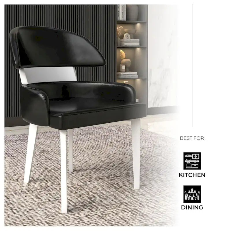 Curved Back Vegan Leather Dining Chair with Arms Rubberwood Legs