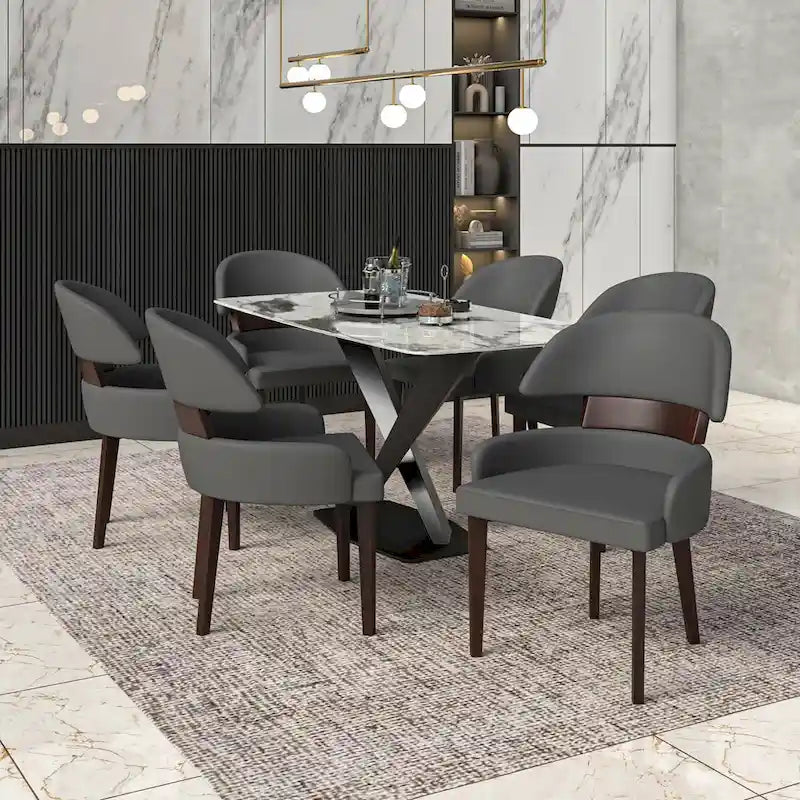 Curved Back Vegan Leather Dining Chair with Arms Rubberwood Legs