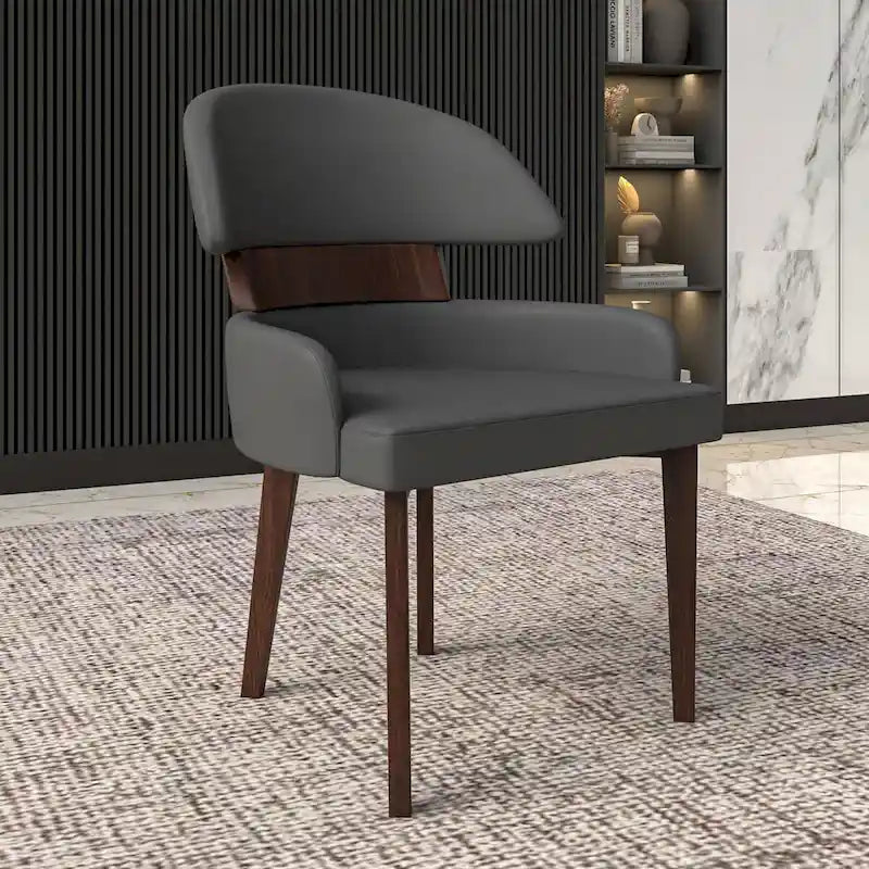 Curved Back Vegan Leather Dining Chair with Arms Rubberwood Legs