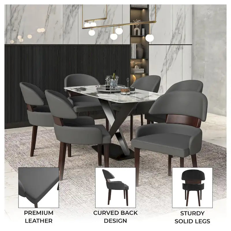 Curved Back Vegan Leather Dining Chair with Arms Rubberwood Legs