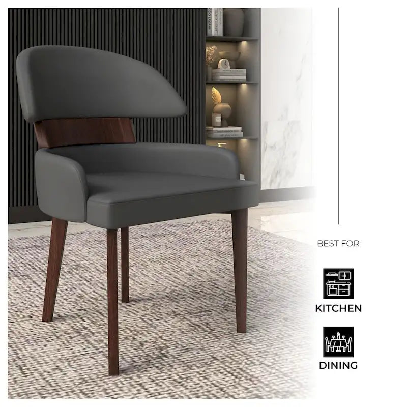 Curved Back Vegan Leather Dining Chair with Arms Rubberwood Legs