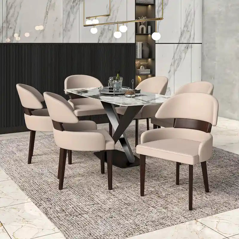 Curved Back Vegan Leather Dining Chair with Arms Rubberwood Legs