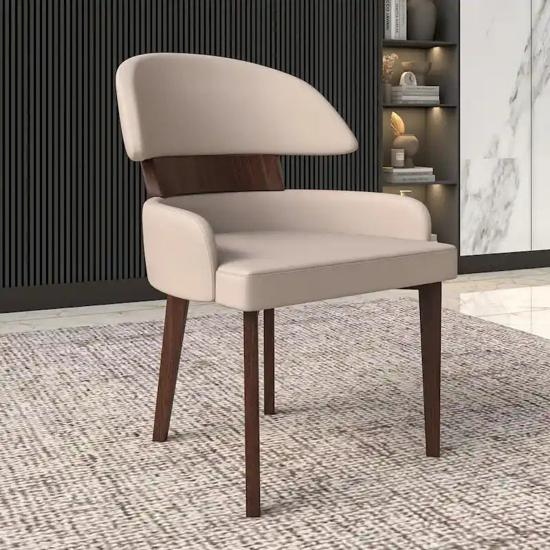 Curved Back Vegan Leather Dining Chair with Arms Rubberwood Legs