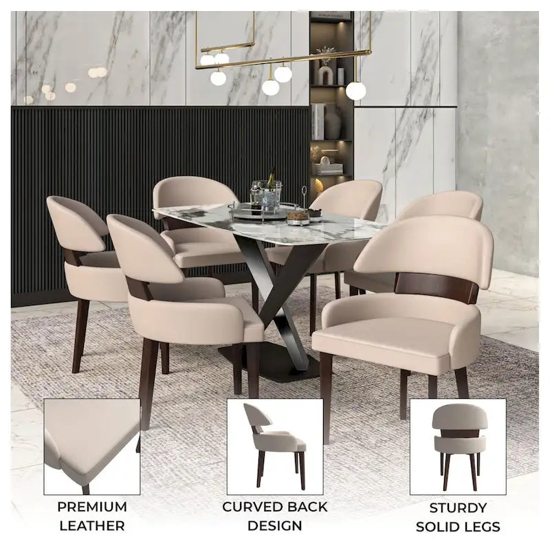 Curved Back Vegan Leather Dining Chair with Arms Rubberwood Legs