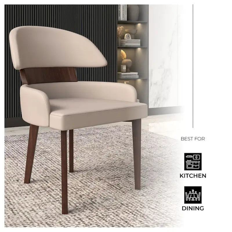 Curved Back Vegan Leather Dining Chair with Arms Rubberwood Legs