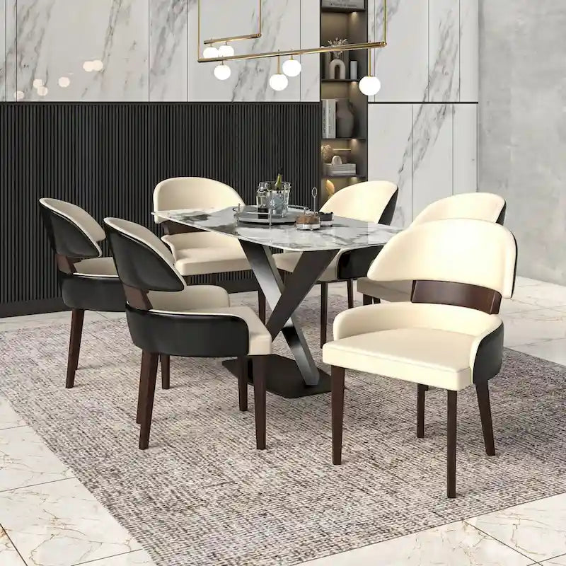 Curved Back Vegan Leather Dining Chair with Arms Rubberwood Legs