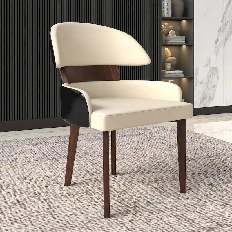 Curved Back Vegan Leather Dining Chair with Arms Rubberwood Legs