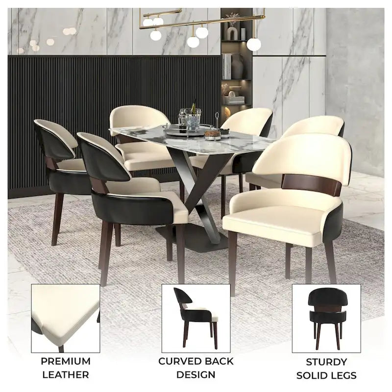 Curved Back Vegan Leather Dining Chair with Arms Rubberwood Legs