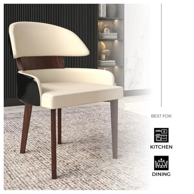 Curved Back Vegan Leather Dining Chair with Arms Rubberwood Legs
