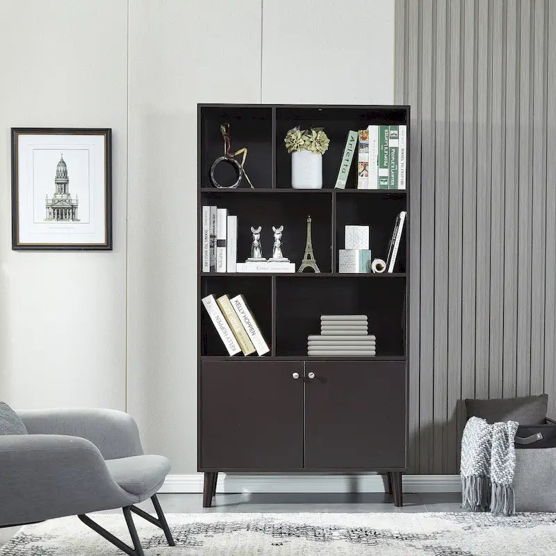 5-Shelf Bookcase with 2-Door Cabinet and Tapered Wood Legs MDF