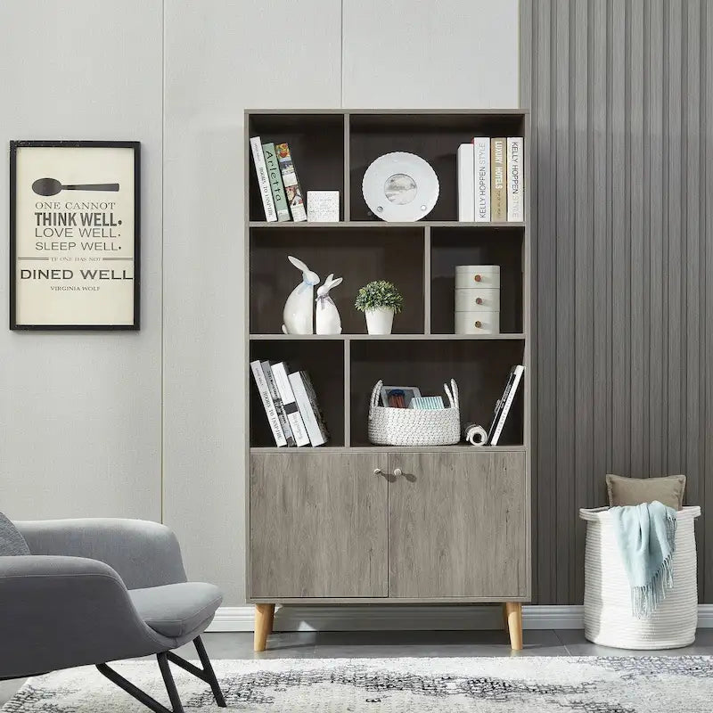 5-Shelf Bookcase with 2-Door Cabinet and Tapered Wood Legs MDF