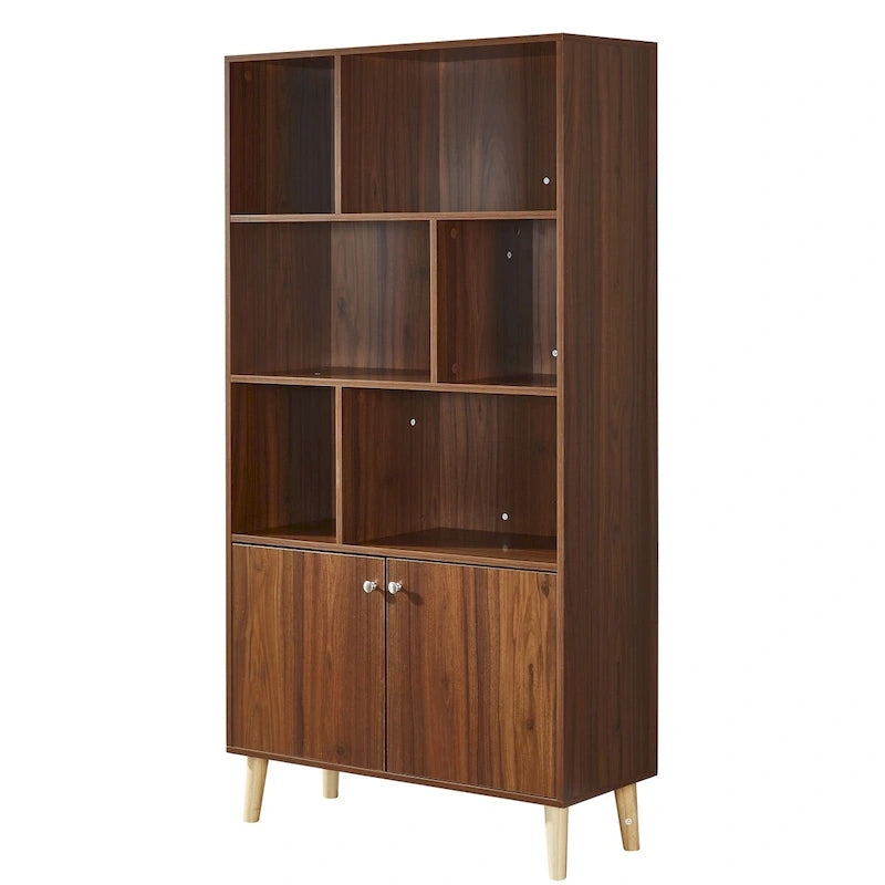 5-Shelf Bookcase with 2-Door Cabinet and Tapered Wood Legs MDF