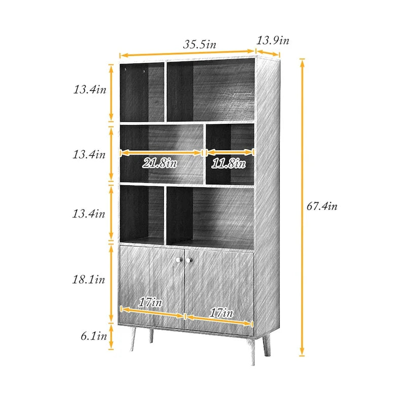 5-Shelf Bookcase with 2-Door Cabinet and Tapered Wood Legs MDF