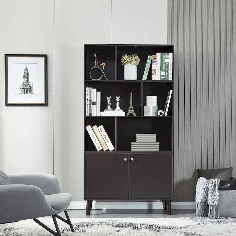 5-Shelf Bookcase with 2-Door Cabinet and Tapered Wood Legs MDF