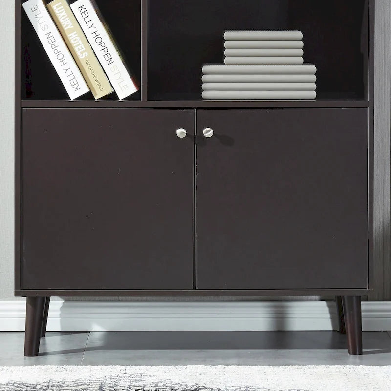 5-Shelf Bookcase with 2-Door Cabinet and Tapered Wood Legs MDF