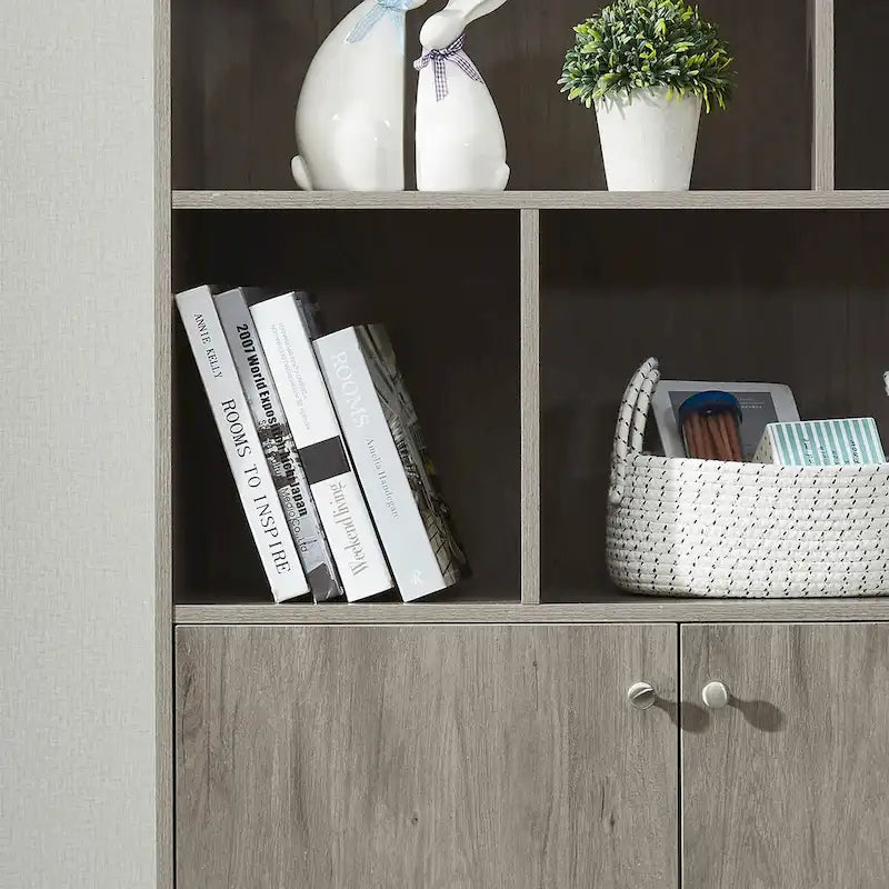 5-Shelf Bookcase with 2-Door Cabinet and Tapered Wood Legs MDF