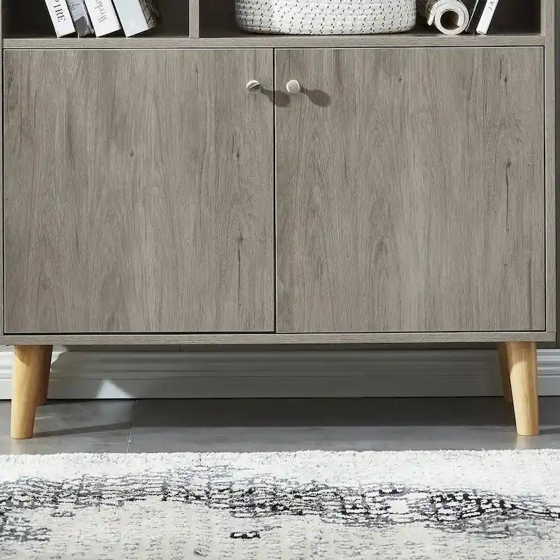 5-Shelf Bookcase with 2-Door Cabinet and Tapered Wood Legs MDF
