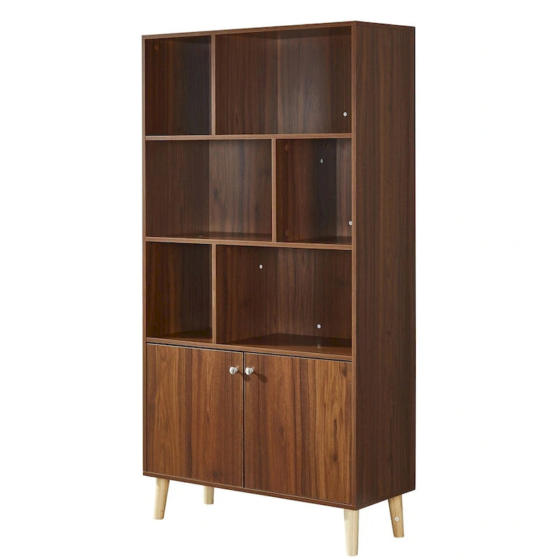 5-Shelf Bookcase with 2-Door Cabinet and Tapered Wood Legs MDF