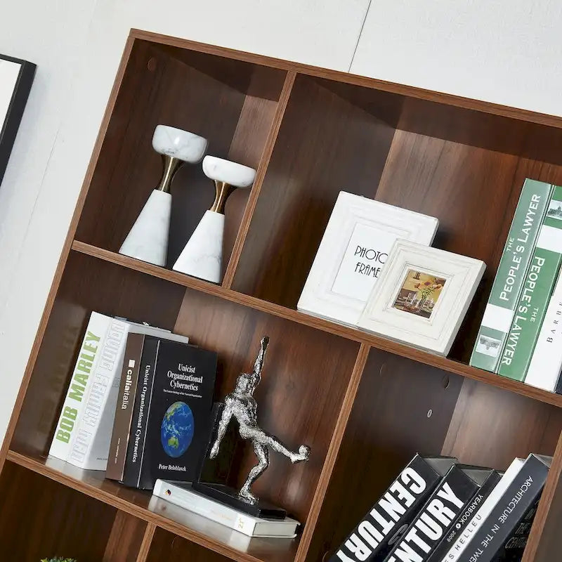 5-Shelf Bookcase with 2-Door Cabinet and Tapered Wood Legs MDF