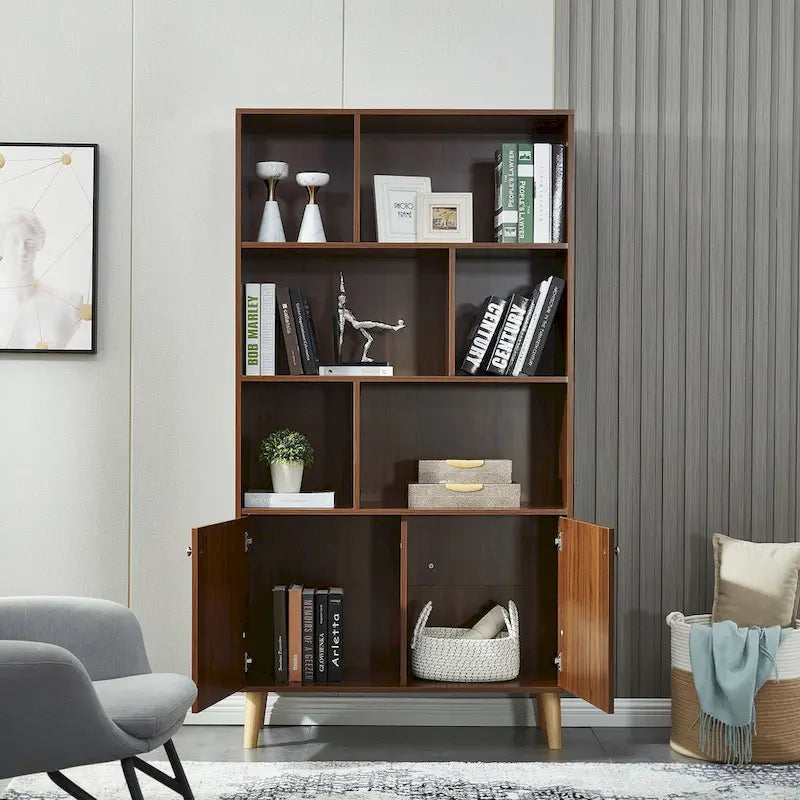 5-Shelf Bookcase with 2-Door Cabinet and Tapered Wood Legs MDF