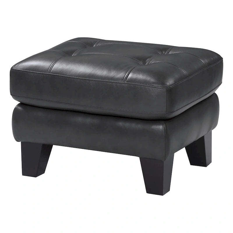 Tufted Ottoman Top-Grain Leather Upholstery Pocket Coil Cushion Solid Wood Legs