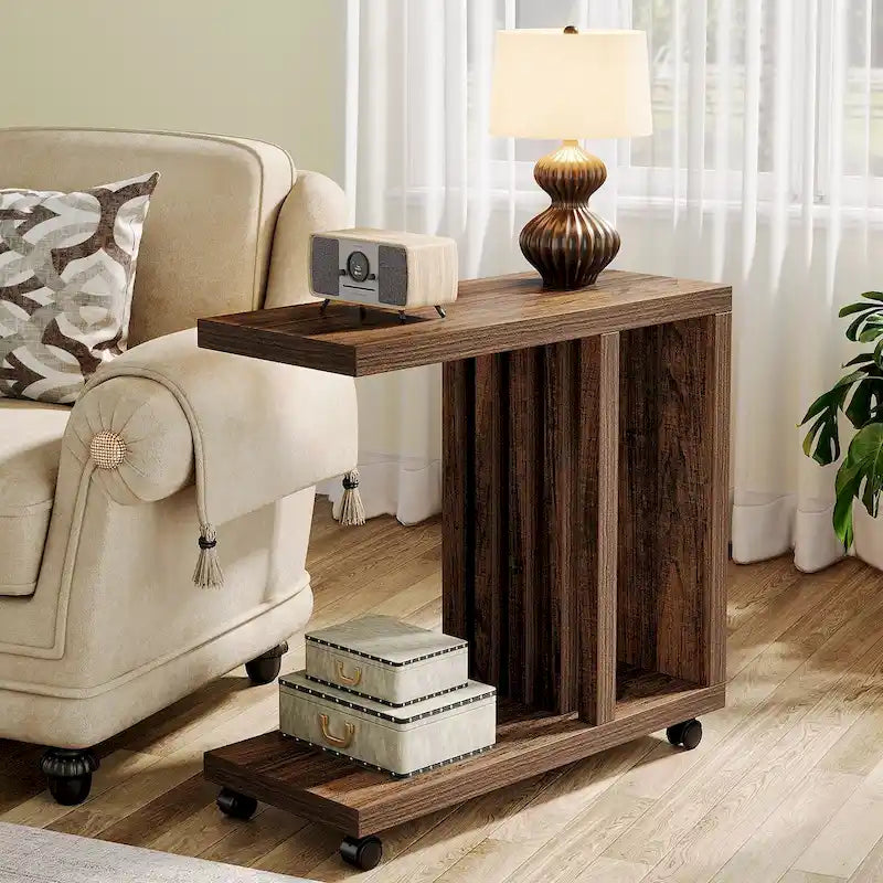 C-Shaped Rolling Side Table with Lower Shelf 360 Locking Wheels Industrial