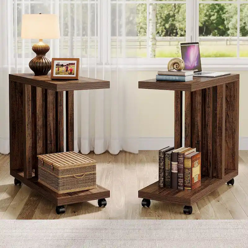 C-Shaped Rolling Side Table with Lower Shelf 360 Locking Wheels Industrial