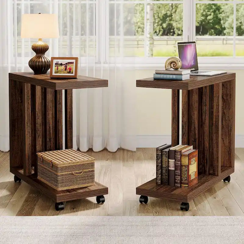 C-Shaped Rolling Side Table with Lower Shelf 360 Locking Wheels Industrial