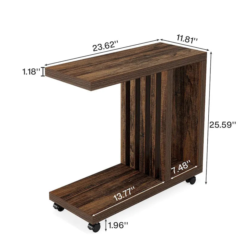 C-Shaped Rolling Side Table with Lower Shelf 360 Locking Wheels Industrial