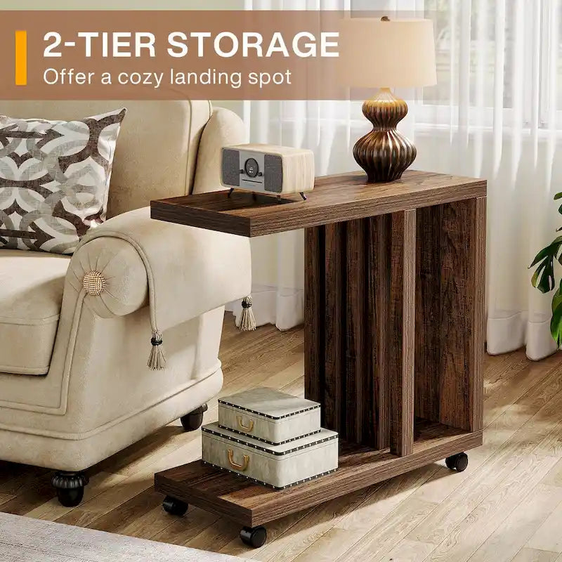 C-Shaped Rolling Side Table with Lower Shelf 360 Locking Wheels Industrial