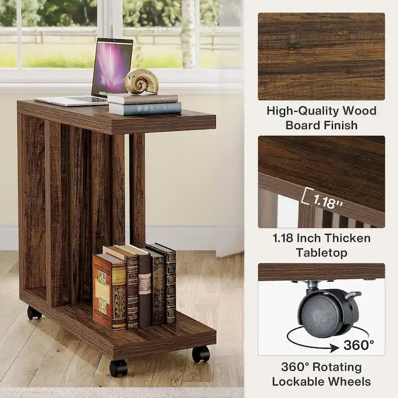 C-Shaped Rolling Side Table with Lower Shelf 360 Locking Wheels Industrial