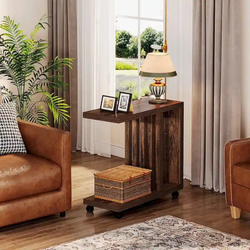 C-Shaped Rolling Side Table with Lower Shelf 360 Locking Wheels Industrial