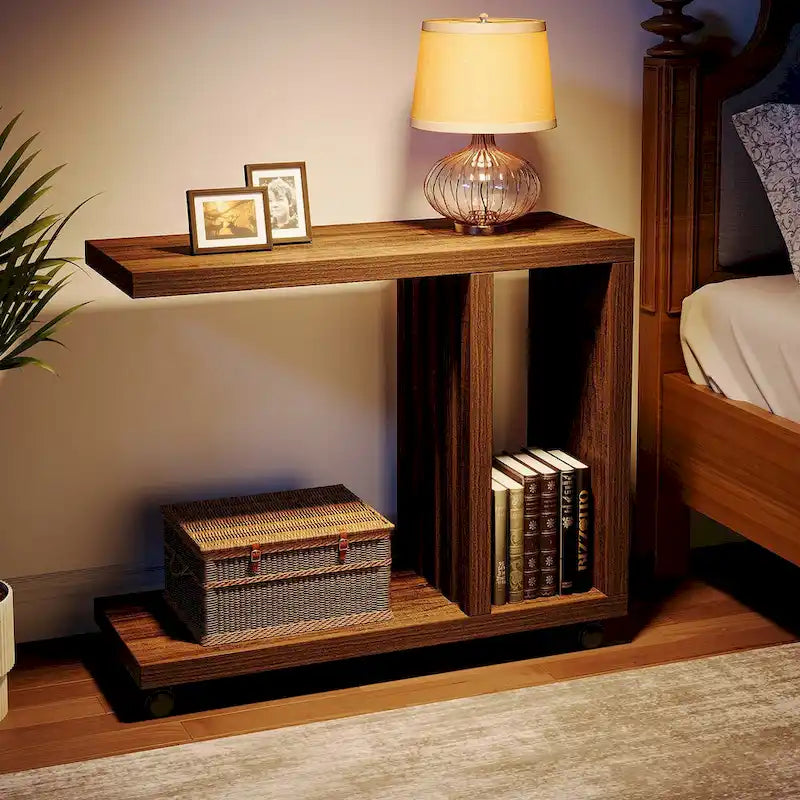 C-Shaped Rolling Side Table with Lower Shelf 360 Locking Wheels Industrial
