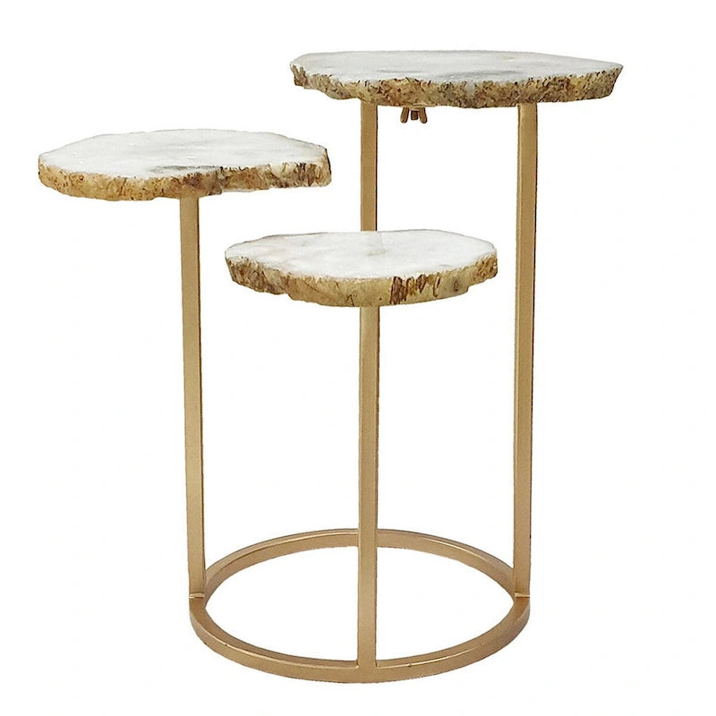 Three-Tier Accent Side Table White Agate Tops Gold Iron Frame