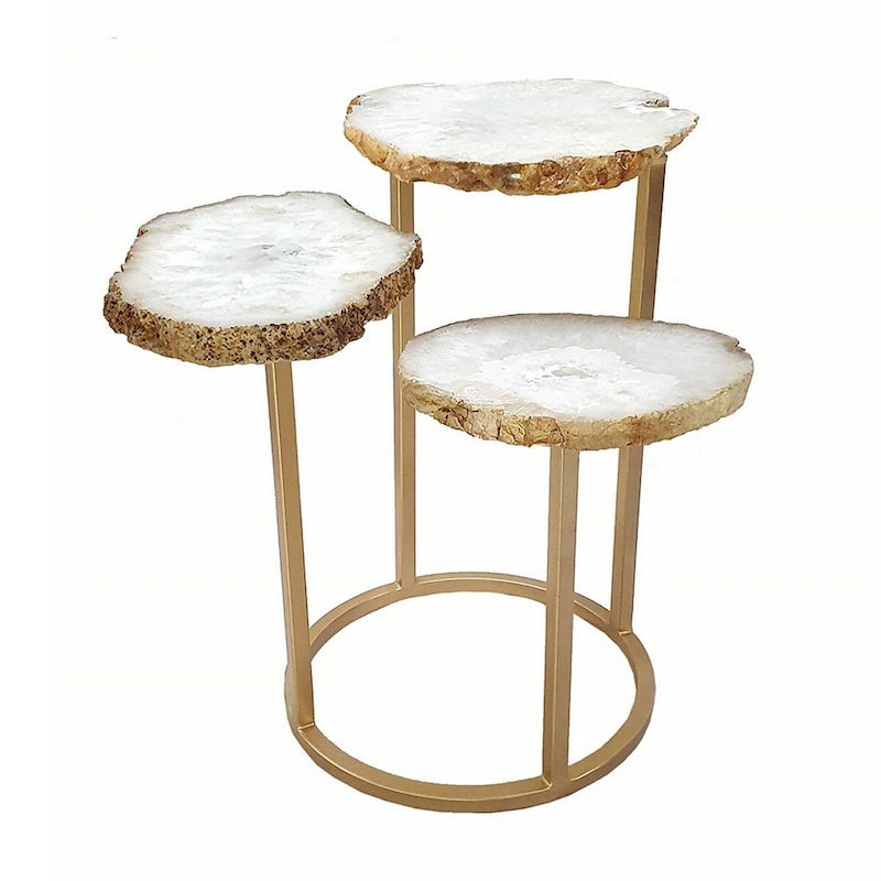 Three-Tier Accent Side Table White Agate Tops Gold Iron Frame