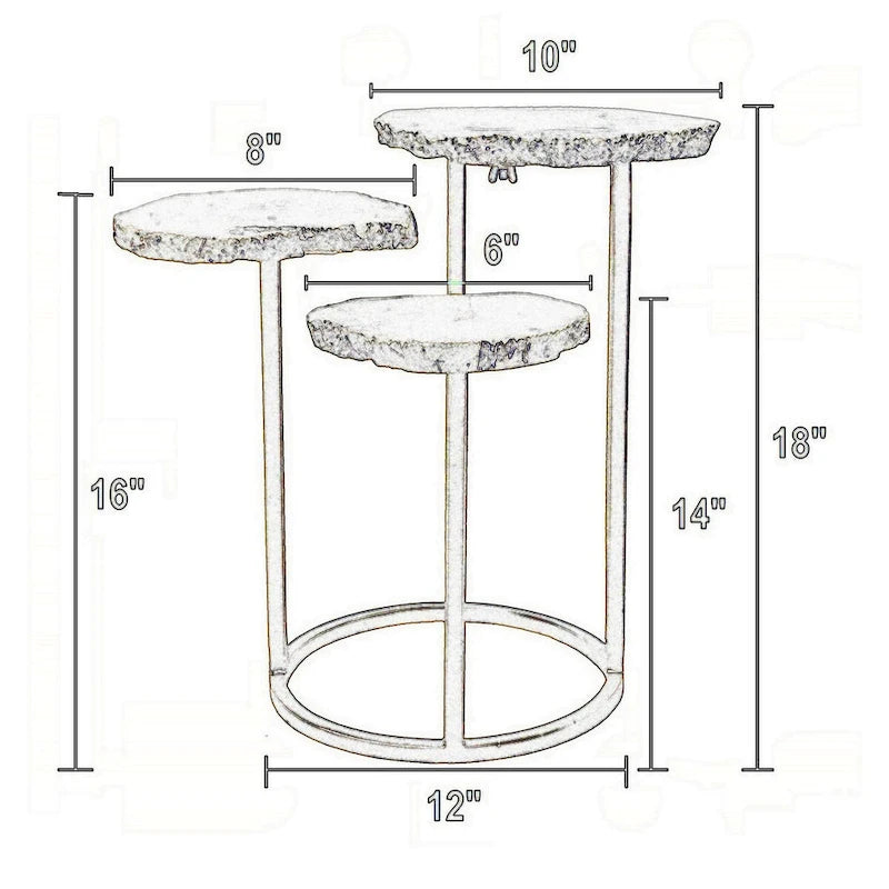 Three-Tier Accent Side Table White Agate Tops Gold Iron Frame