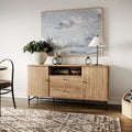 Tambour Door Sideboard Buffet with Drawers Open Shelf Black Metal Legs